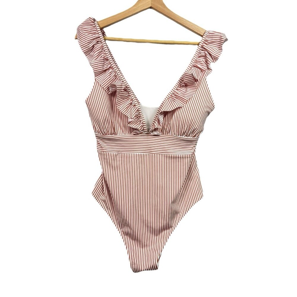H&M One Piece Swimsuit Plunge Ruffle Red White Striped Women’s Size Large NWT